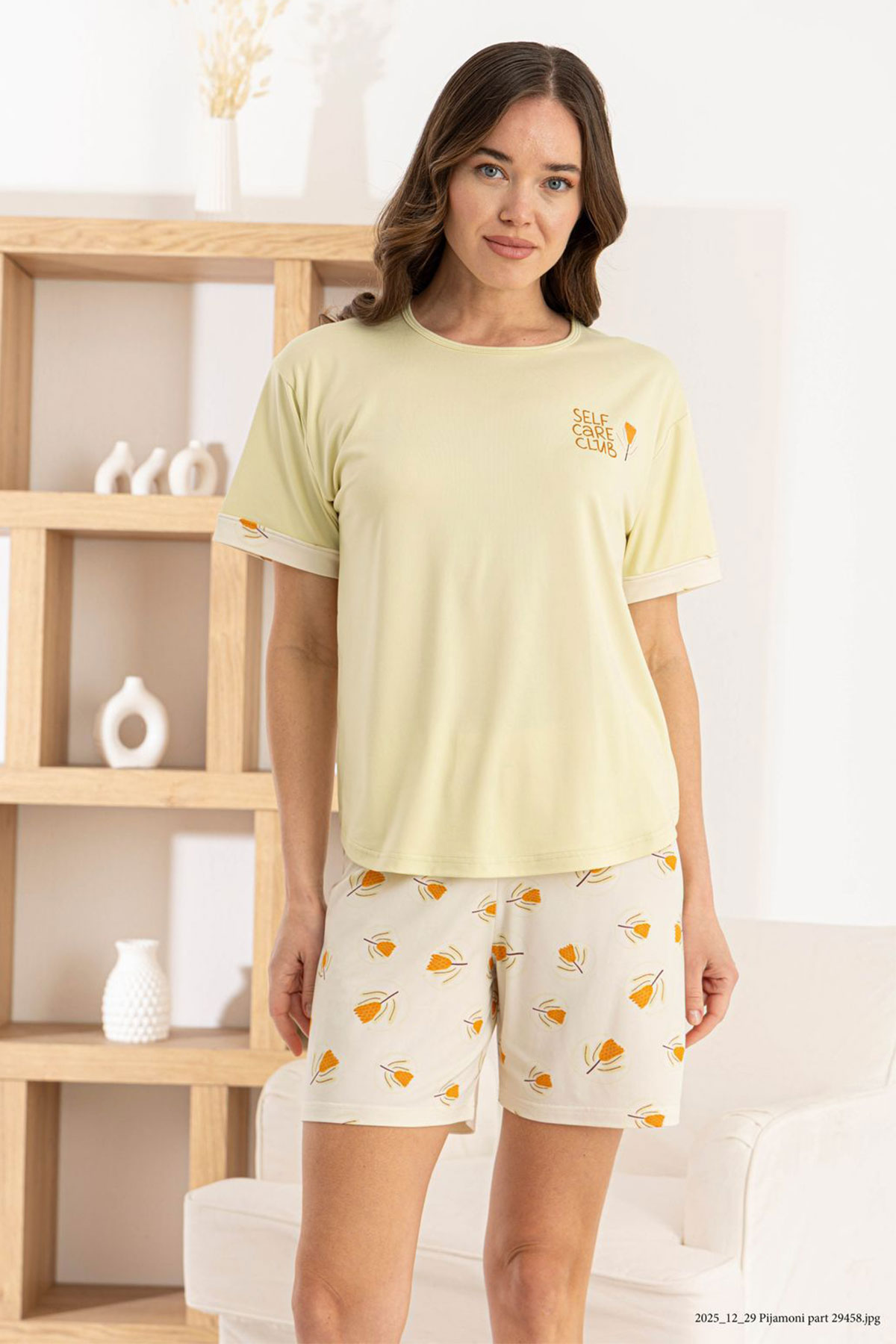 Pijamoni Kadın Şortlu Takım Kısa Kol Yuvarlak Yaka Lale Baskılı Milan - Yeşil - Thumbnail