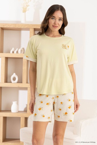 PİJAMONİ - Pijamoni Kadın Şortlu Takım Kısa Kol Yuvarlak Yaka Lale Baskılı Milan - Yeşil