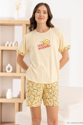 PİJAMONİ - Pijamoni Kadın Şortlu Takım Kısa Kol Yuvarlak Yaka Meyve Desenli Milan - Sarı