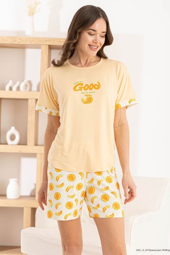 PİJAMONİ - Pijamoni Kadın Şortlu Takım Kısa Kol Yuvarlak Yaka Meyve Desenli Milan - Somon