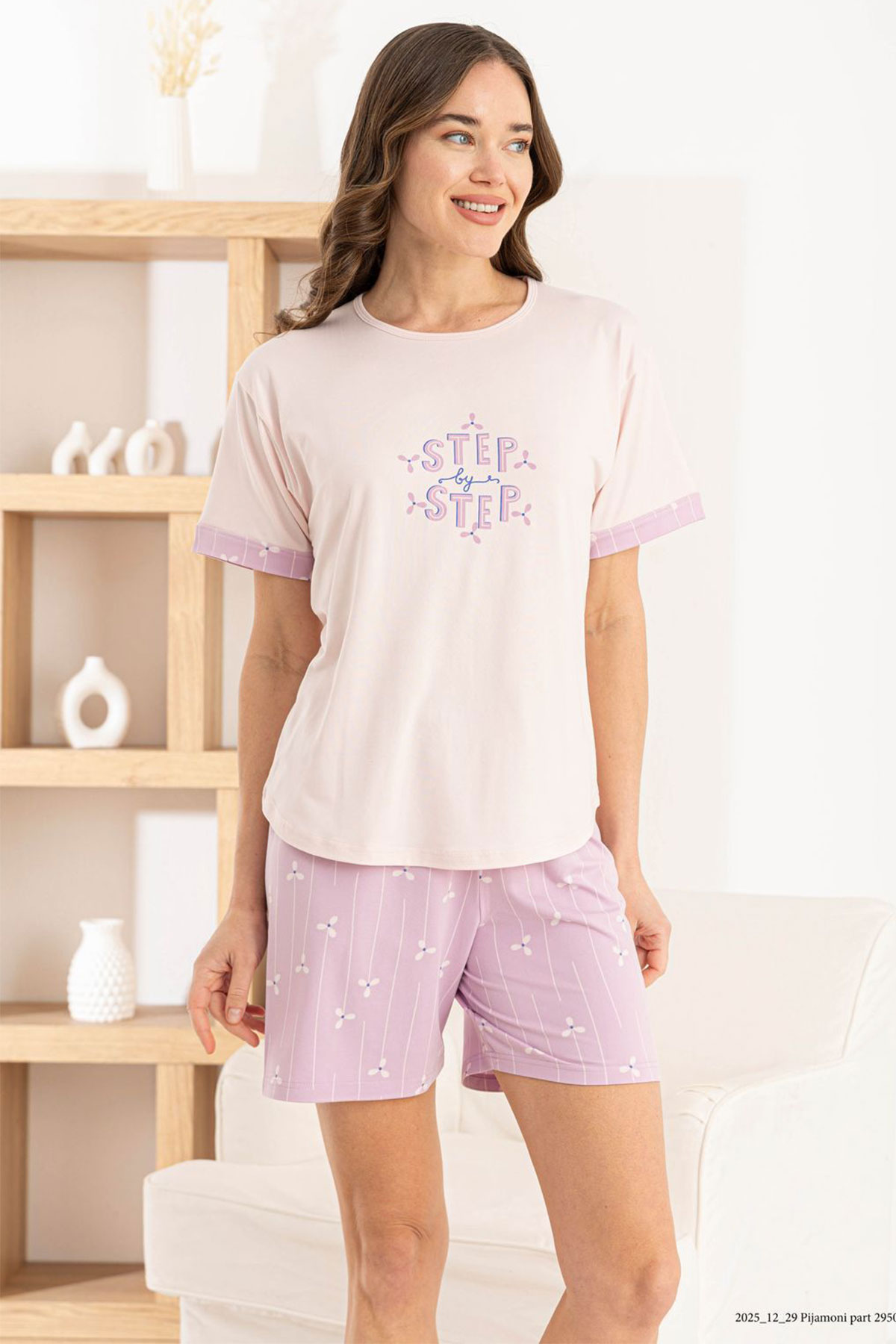 Pijamoni Kadın Şortlu Takım Kısa Kol Yuvarlak Yaka Step Yazılı Milan - Pembe - Thumbnail