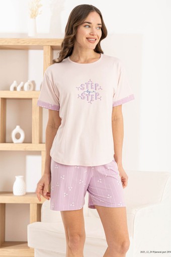 PİJAMONİ - Pijamoni Kadın Şortlu Takım Kısa Kol Yuvarlak Yaka Step Yazılı Milan - Pembe