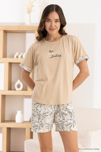 PİJAMONİ - Pijamoni Kadın Şortlu Takım Kısa Kol Yuvarlak Yaka Yaprak Desenli Milan - Ekru