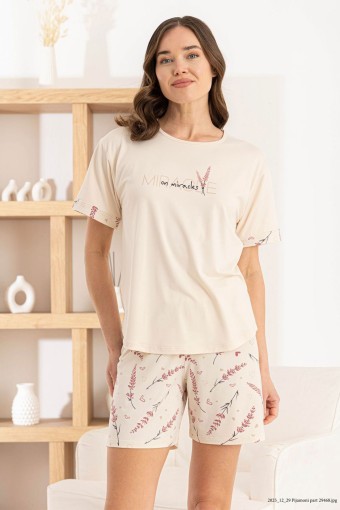 PİJAMONİ - Pijamoni Kadın Şortlu Takım Kısa Kol Yuvarlak Yaka Yaprak Desenli Milan - Ekru