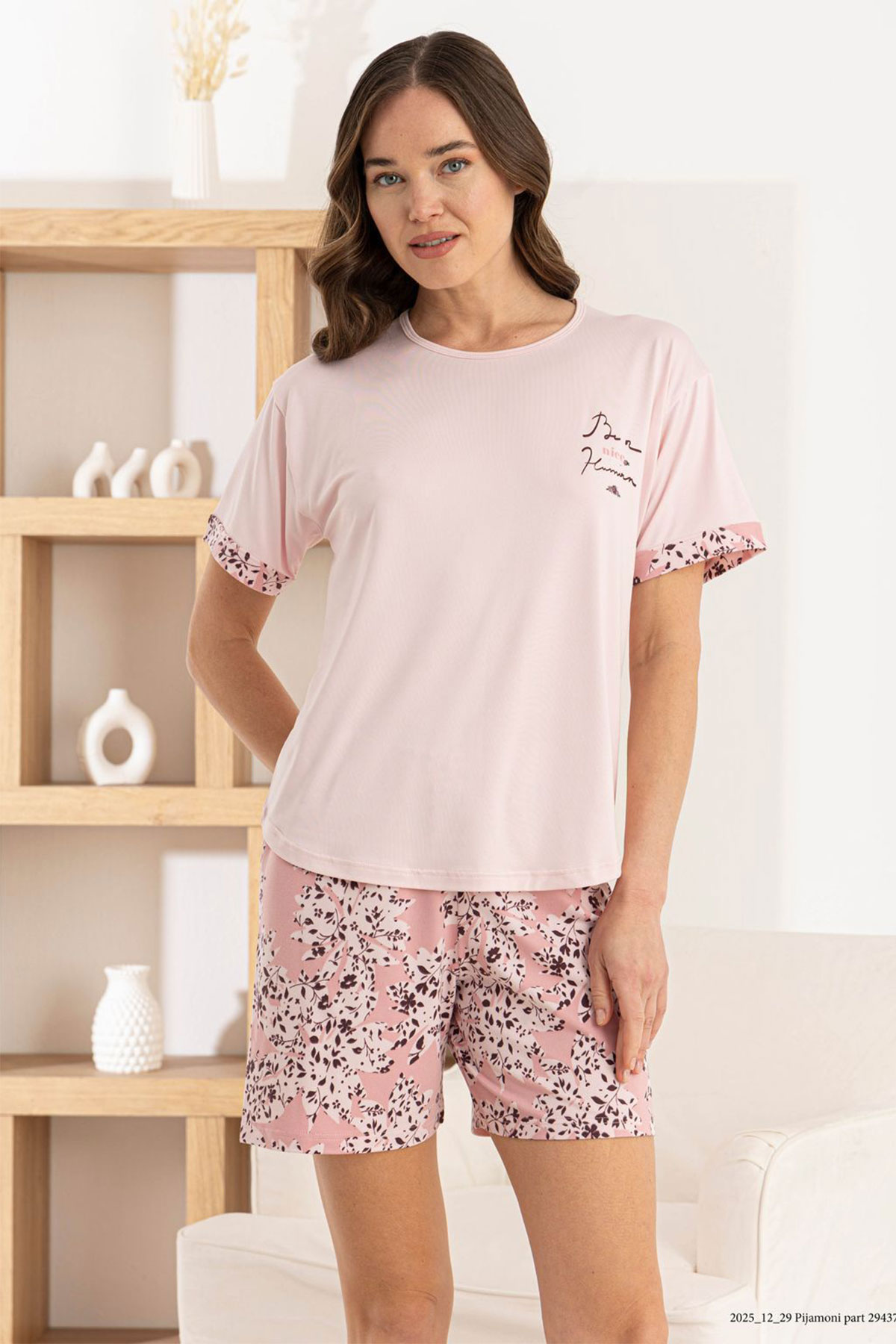 Pijamoni Kadın Şortlu Takım Kısa Kol Yuvarlak Yaka Yaprak Desenli Milan - Pembe - Thumbnail