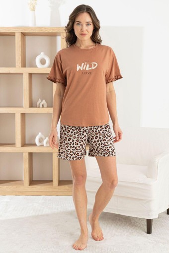 PİJAMONİ - Pijamoni Kadın Şortlu Takım Kısa Kollu Yuvarlak Yaka Leopar Desenli Likralı Pamuk - Kahverengi