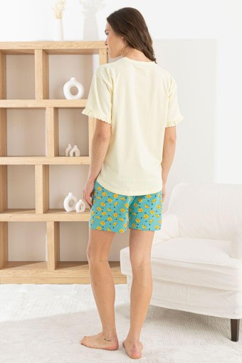 PİJAMONİ - Pijamoni Kadın Şortlu Takım Kısa Kollu Yuvarlak Yaka Limon Desenli Likralı Pamuk - Sarı (1)