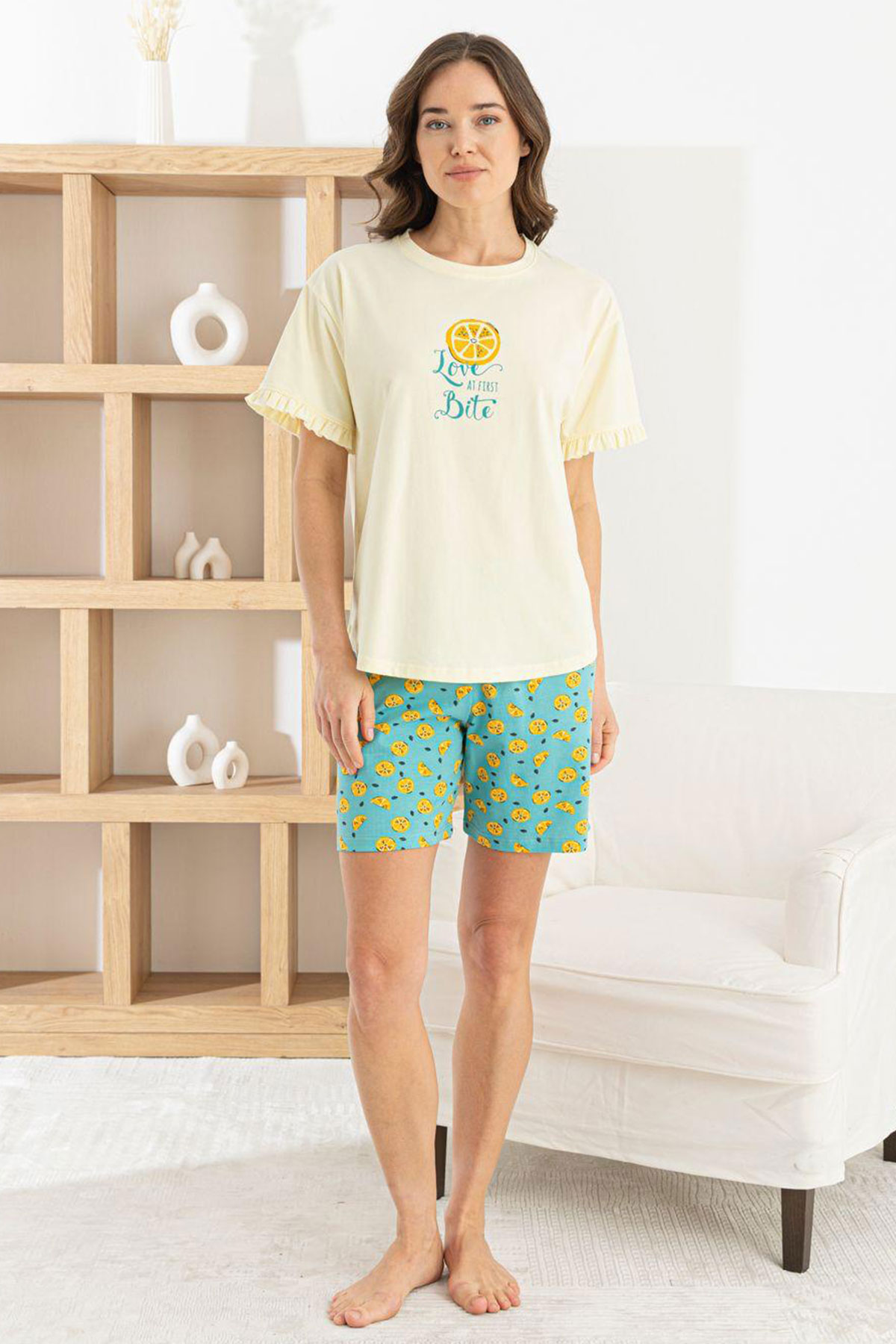 Pijamoni Kadın Şortlu Takım Kısa Kollu Yuvarlak Yaka Limon Desenli Likralı Pamuk - Sarı - Thumbnail