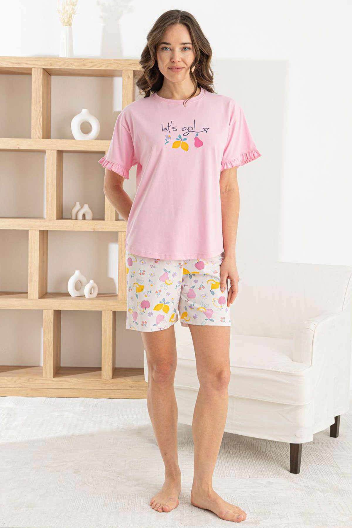 Pijamoni Kadın Şortlu Takım Kısa Kollu Yuvarlak Yaka Meyve Desenli Likralı Pamuk - Pembe - Thumbnail