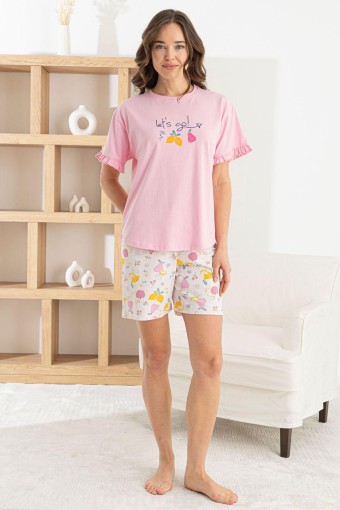PİJAMONİ - Pijamoni Kadın Şortlu Takım Kısa Kollu Yuvarlak Yaka Meyve Desenli Likralı Pamuk - Pembe