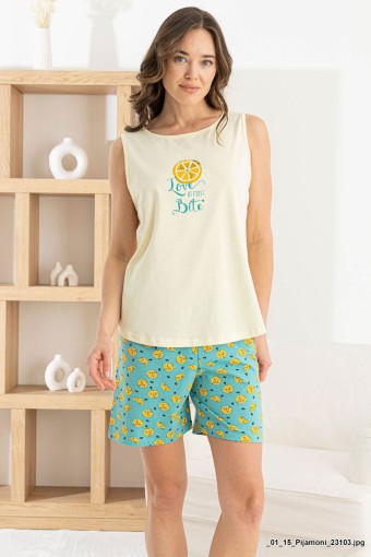 PİJAMONİ - Pijamoni Kadın Şortlu Takım Sıfır Kollu Yuvarlak Yaka Desenli Likralı Pamuk - Sarı