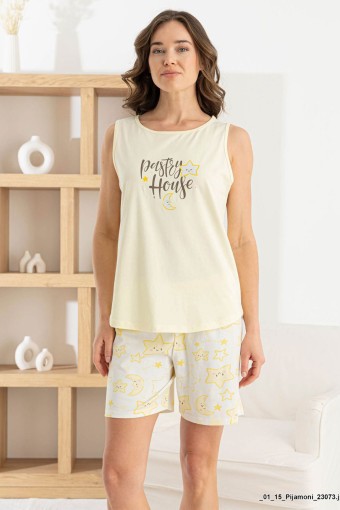 PİJAMONİ - Pijamoni Kadın Şortlu Takım Sıfır Kollu Yuvarlak Yaka Desenli Likralı Pamuk - Sarı