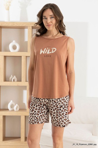 PİJAMONİ - Pijamoni Kadın Şortlu Takım Sıfır Kollu Yuvarlak Yaka Leopar Desenli Likralı Pamuk - Kahverengi