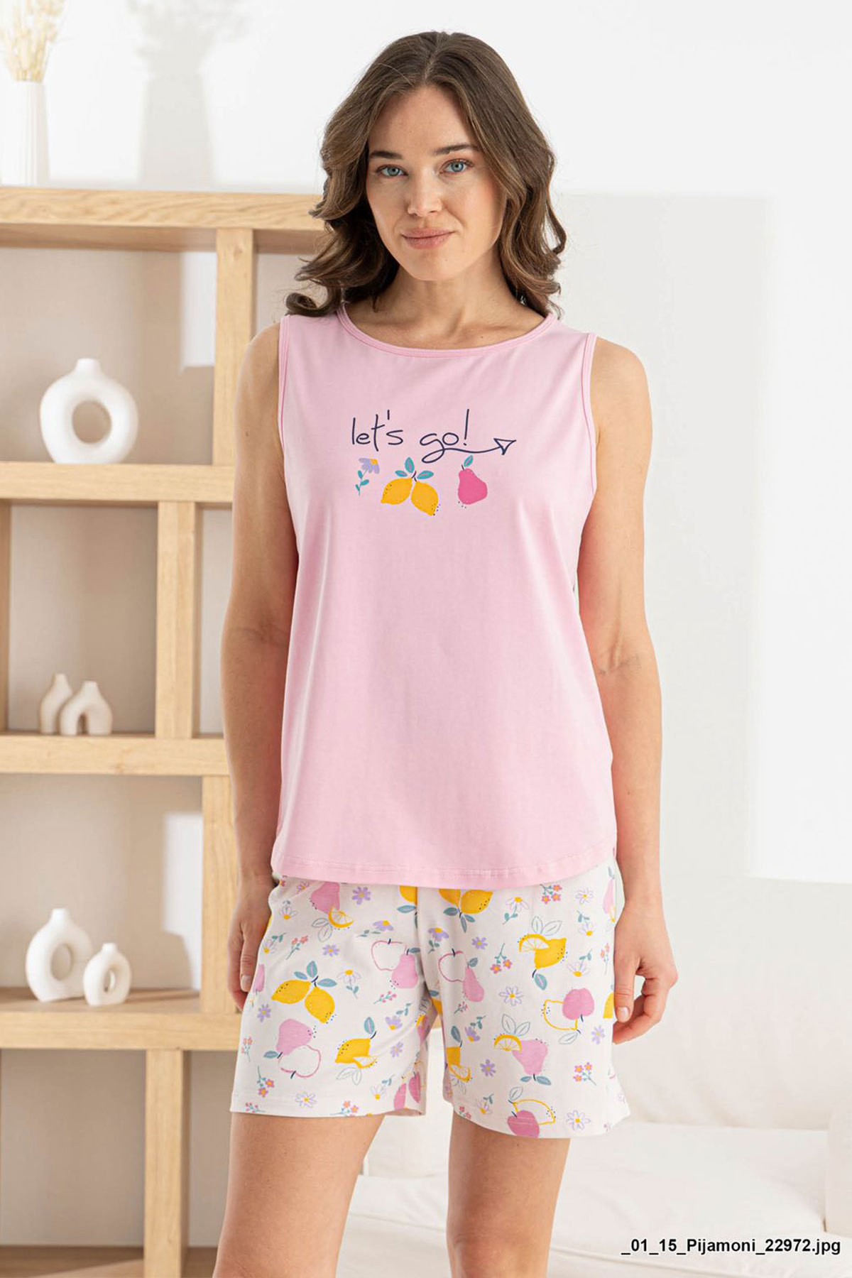 Pijamoni Kadın Şortlu Takım Sıfır Kollu Yuvarlak Yaka Meyve Desenli Likralı Pamuk - Pembe - Thumbnail
