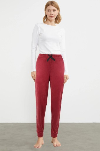 PİJAMONİ - Pijamoni Kadın Tek Alt Kadife Paça Manşetli Düz - Bordo