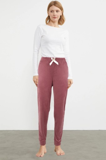 PİJAMONİ - Pijamoni Kadın Tek Alt Kadife Paça Manşetli Düz - Gülkurusu