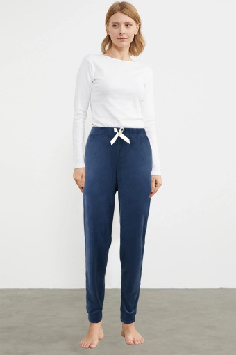 PİJAMONİ - Pijamoni Kadın Tek Alt Kadife Paça Manşetli Düz - Lacivert