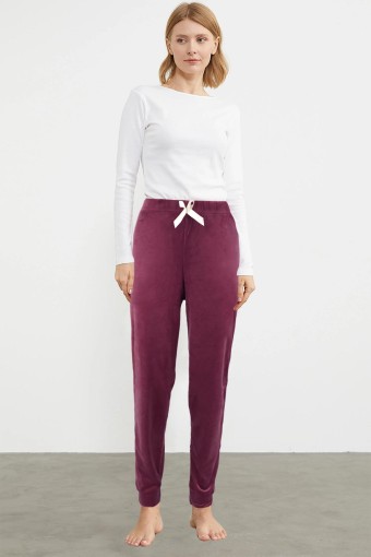 PİJAMONİ - Pijamoni Kadın Tek Alt Kadife Paça Manşetli Düz - Mürdüm