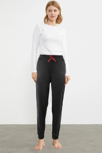 PİJAMONİ - Pijamoni Kadın Tek Alt Kadife Paça Manşetli Düz - Siyah