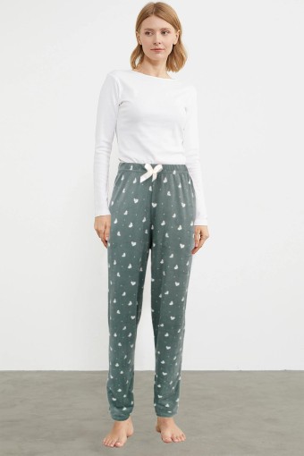 PİJAMONİ - Pijamoni Kadın Tek Alt Pijama Baskılı Kadife - Çağla Yeşili