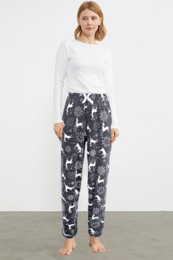 PİJAMONİ - Pijamoni Kadın Tek Alt Pijama Baskılı Kadife - Füme