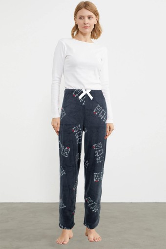 PİJAMONİ - Pijamoni Kadın Tek Alt Pijama Baskılı Kadife - Füme/1