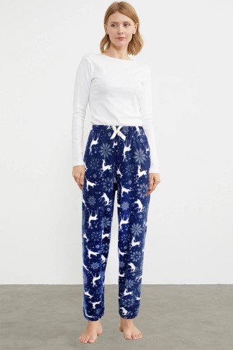 PİJAMONİ - Pijamoni Kadın Tek Alt Pijama Baskılı Kadife - Lacivert