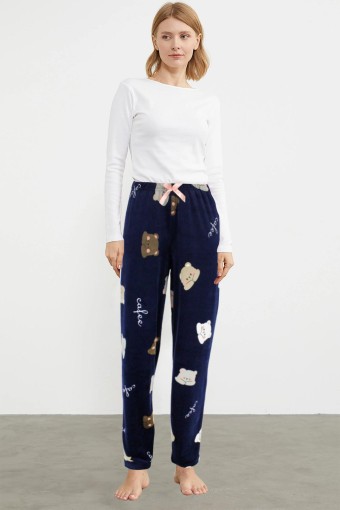 PİJAMONİ - Pijamoni Kadın Tek Alt Pijama Baskılı Kadife - Lacivert/1