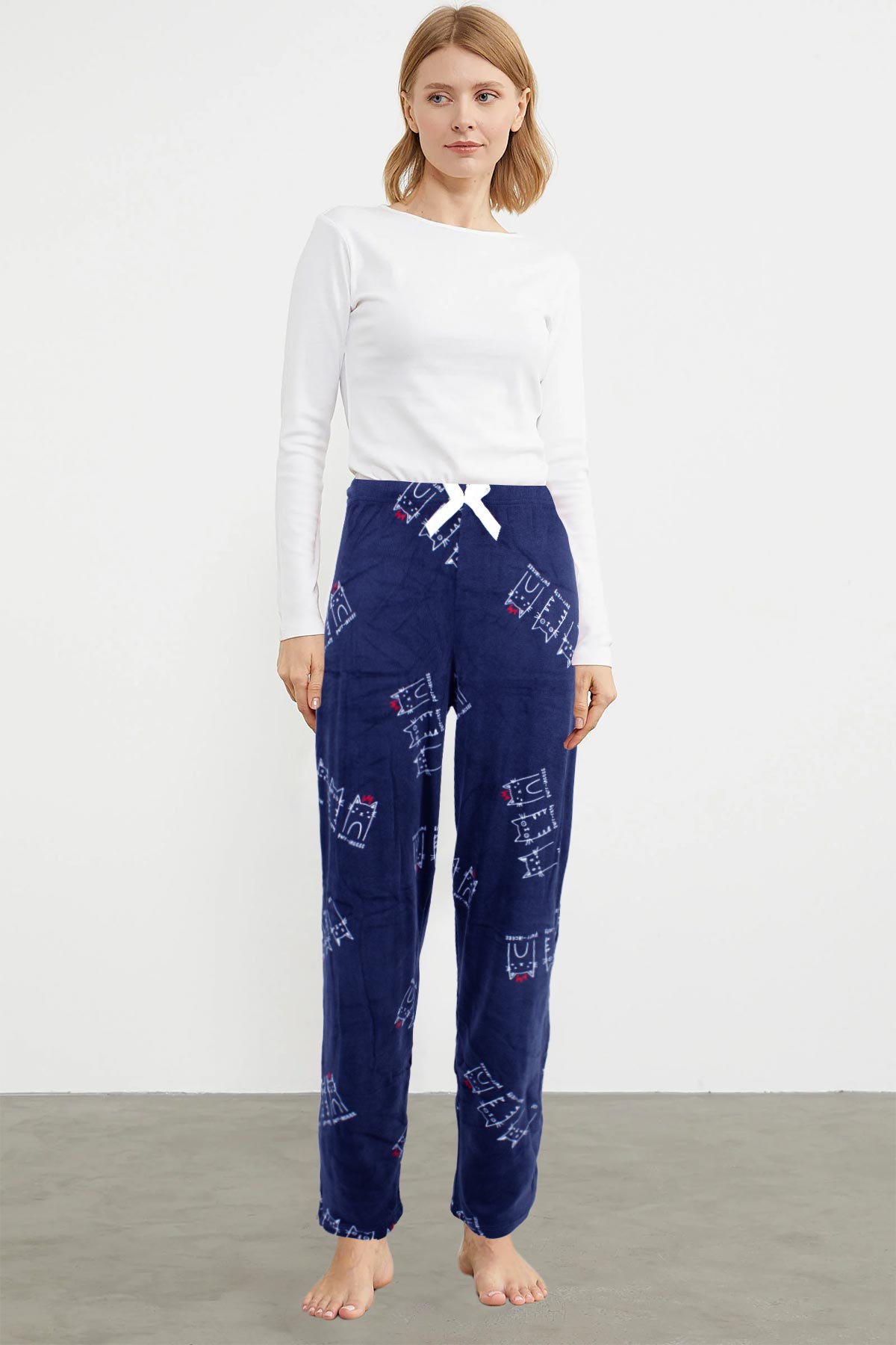 Pijamoni Kadın Tek Alt Pijama Baskılı Kadife - Siyah/2 - Thumbnail