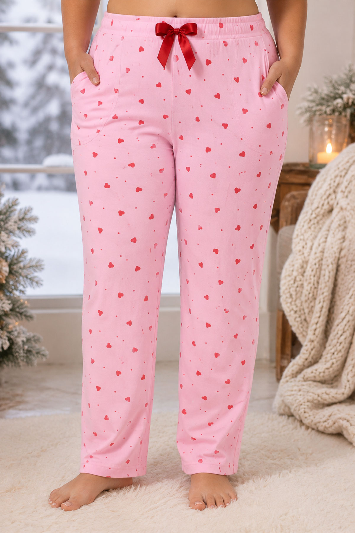 Pijamoni Kadın Tek Alt Pijama Cepli Desenli Süet Büyük Beden - Açık Pembe - Thumbnail