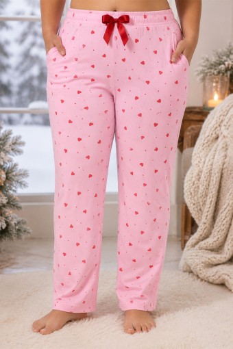 PİJAMONİ - Pijamoni Kadın Tek Alt Pijama Cepli Desenli Süet Büyük Beden - Açık Pembe