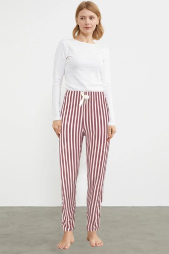 PİJAMONİ - Pijamoni Kadın Tek Alt Pijama Cepli Desenli Süet Büyük Beden - Beyaz/Gülkurusu