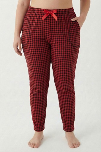 PİJAMONİ - Pijamoni Kadın Tek Alt Pijama Cepli Desenli Süet Büyük Beden - Bordo/1