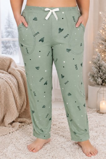 PİJAMONİ - Pijamoni Kadın Tek Alt Pijama Cepli Desenli Süet Büyük Beden - Çağla Yeşili