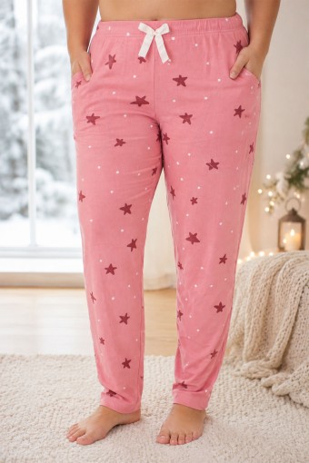 PİJAMONİ - Pijamoni Kadın Tek Alt Pijama Cepli Desenli Süet Büyük Beden - Gülkurusu