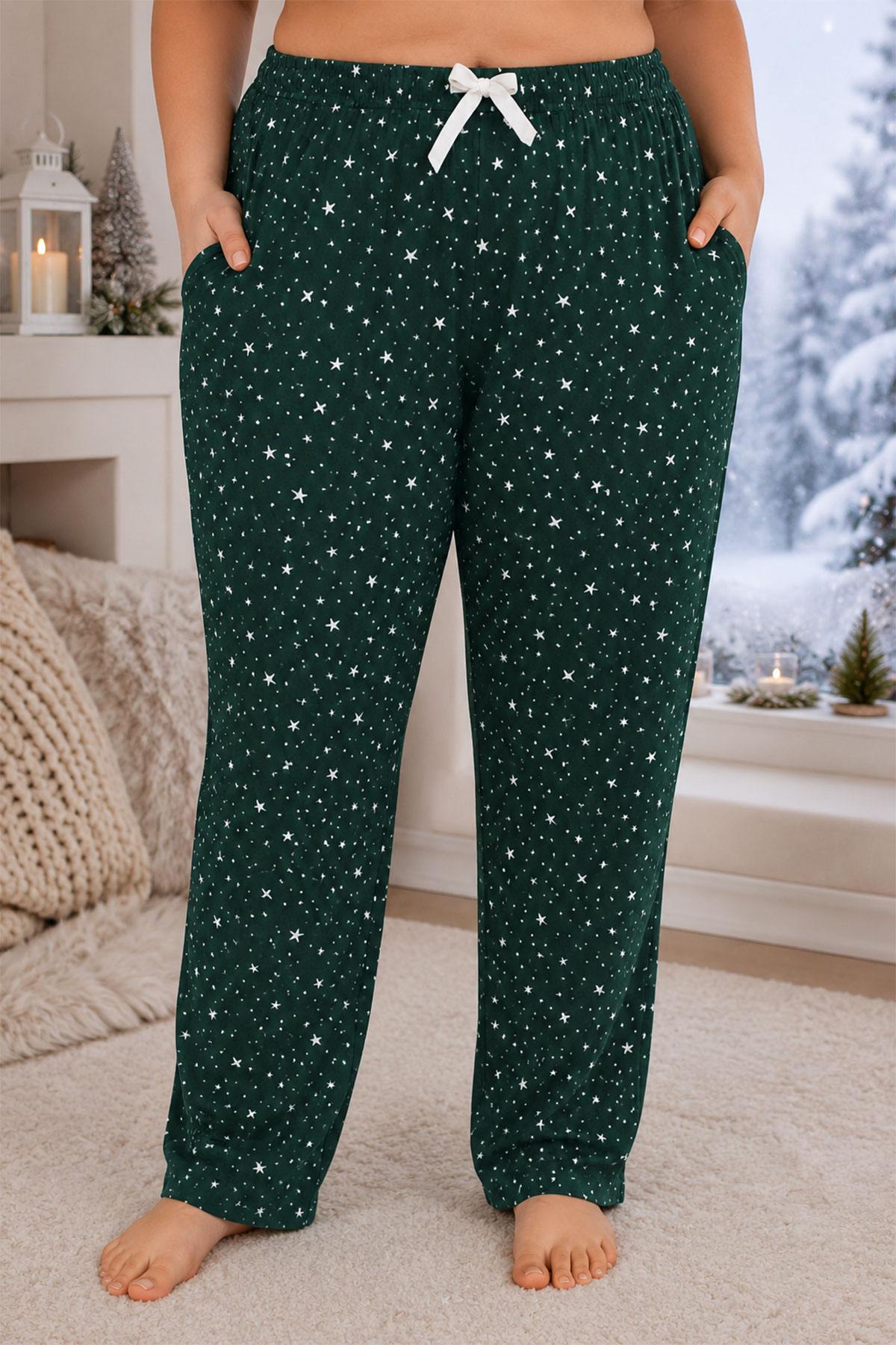 Pijamoni Kadın Tek Alt Pijama Cepli Desenli Süet Büyük Beden - Haki Yeşili - Thumbnail