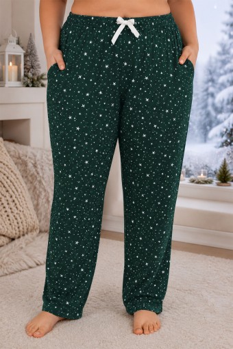 PİJAMONİ - Pijamoni Kadın Tek Alt Pijama Cepli Desenli Süet Büyük Beden - Haki Yeşili