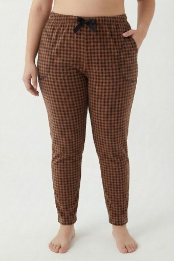 PİJAMONİ - Pijamoni Kadın Tek Alt Pijama Cepli Desenli Süet Büyük Beden - KAHVERENGİ/1