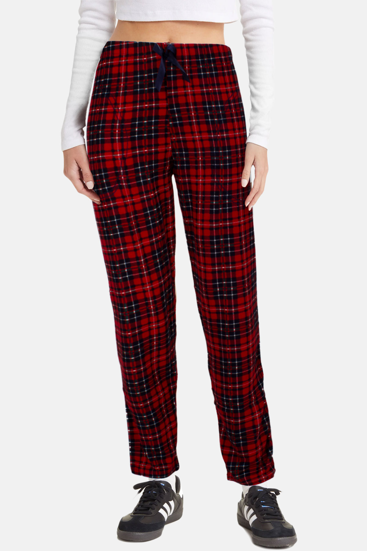 Pijamoni Kadın Tek Alt Pijama Cepli Desenli Süet Büyük Beden - Kırmızı - Thumbnail