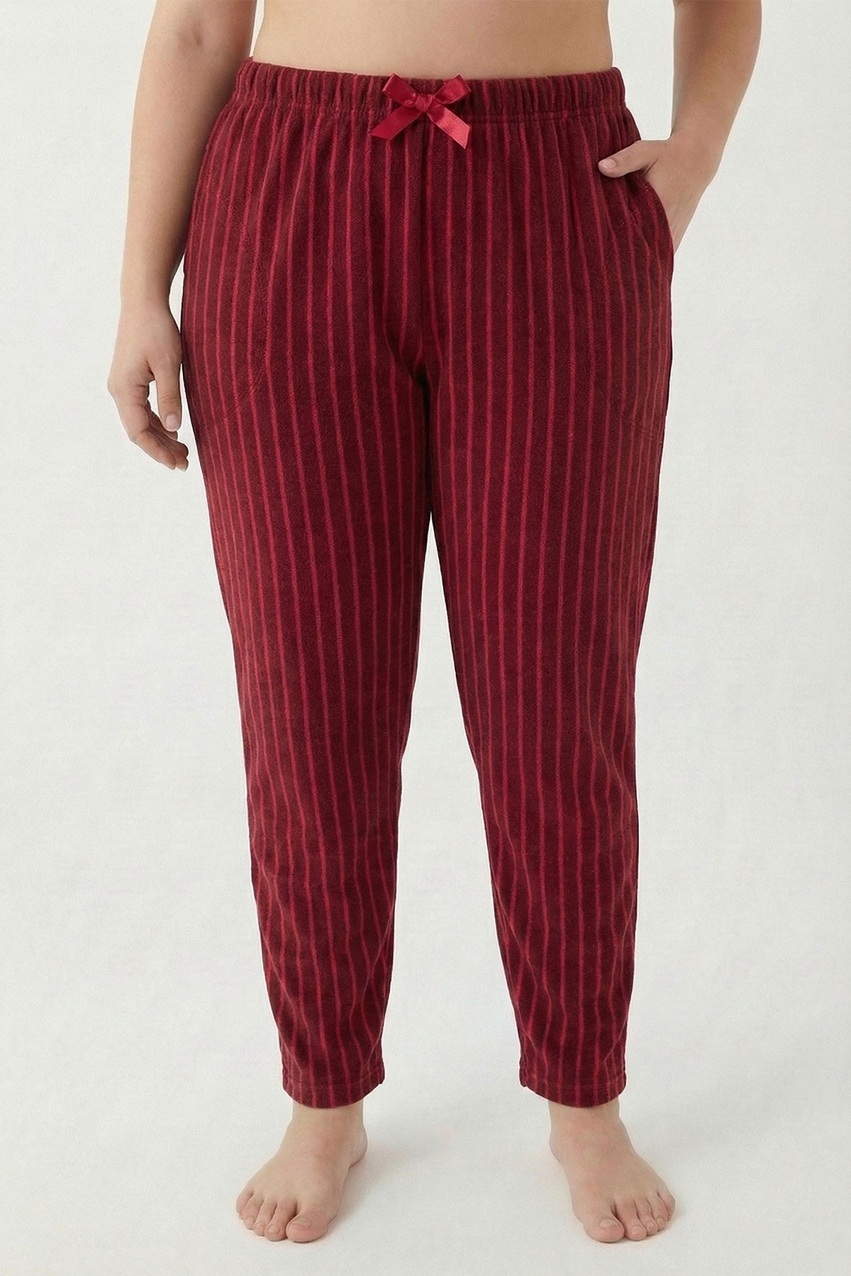 Pijamoni Kadın Tek Alt Pijama Cepli Desenli Süet Büyük Beden - Kırmızı - Thumbnail