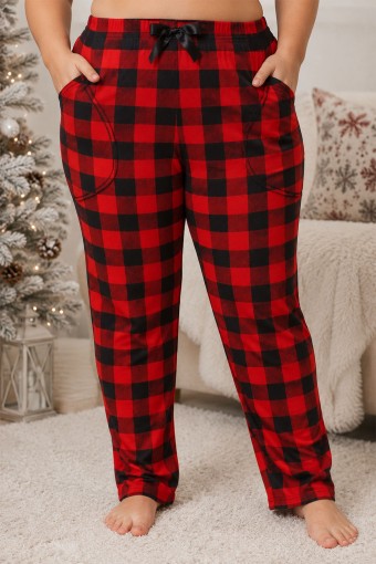 PİJAMONİ - Pijamoni Kadın Tek Alt Pijama Cepli Desenli Süet Büyük Beden - Kırmızı/1