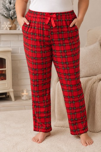 PİJAMONİ - Pijamoni Kadın Tek Alt Pijama Cepli Desenli Süet Büyük Beden - KIRMIZI/2
