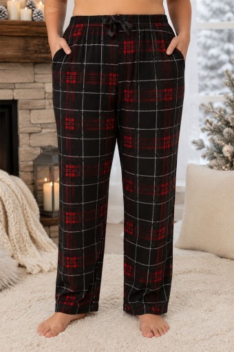 PİJAMONİ - Pijamoni Kadın Tek Alt Pijama Cepli Desenli Süet Büyük Beden - Kırmızı/3