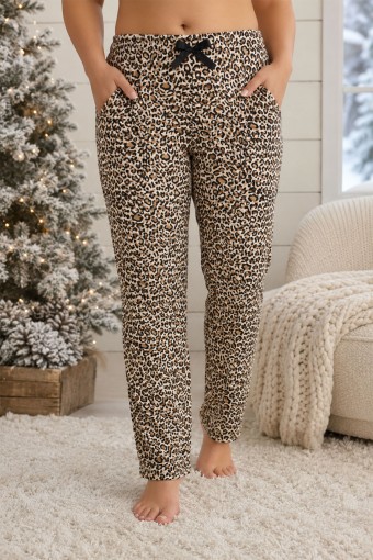PİJAMONİ - Pijamoni Kadın Tek Alt Pijama Cepli Desenli Süet Büyük Beden - Leopar