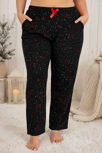 PİJAMONİ - Pijamoni Kadın Tek Alt Pijama Cepli Desenli Süet Büyük Beden - Siyah