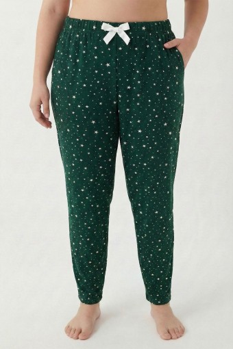 PİJAMONİ - Pijamoni Kadın Tek Alt Pijama Cepli Desenli Süet Büyük Beden - Zümrüt Yeşili/1