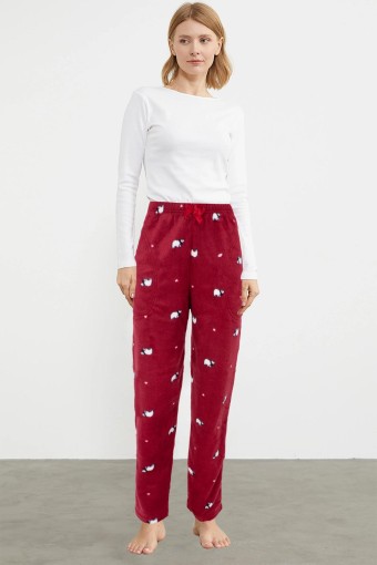 PİJAMONİ - Pijamoni Kadın Tek Alt Pijama Cepli İnci Polar - Bordo