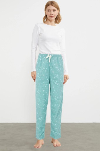 PİJAMONİ - Pijamoni Kadın Tek Alt Pijama Cepli İnci Polar - Mint Yeşili