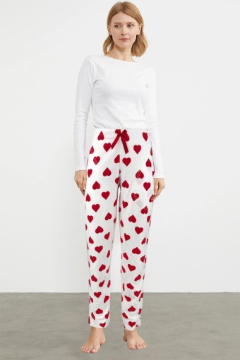 PİJAMONİ - Pijamoni Kadın Tek Alt Pijama Desenli Süet - Beyaz