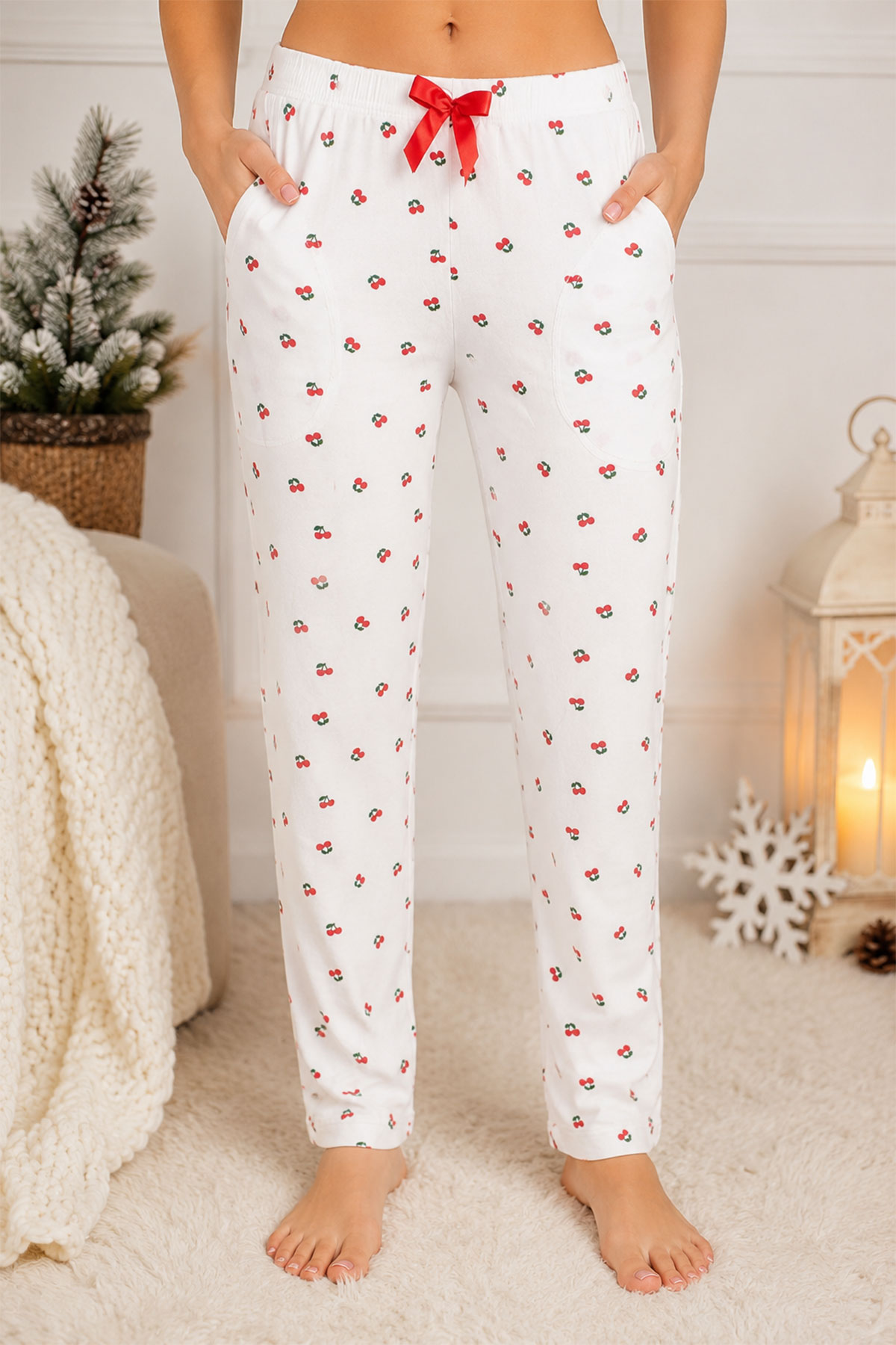 Pijamoni Kadın Tek Alt Pijama Desenli Süet - Beyaz/1 - Thumbnail